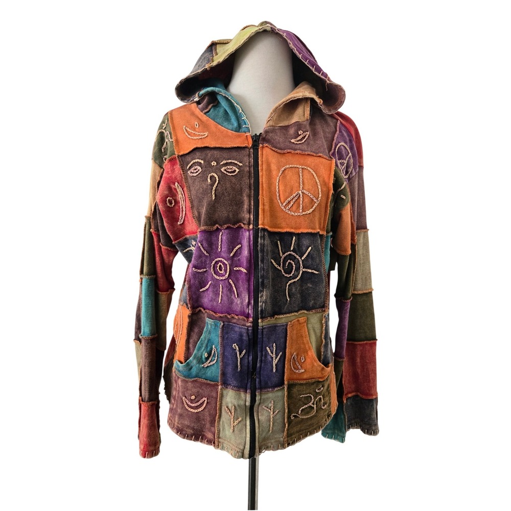 NWT Rising International Patchwork Zip Hoodie Embroidered Hippie Boho Symbols M